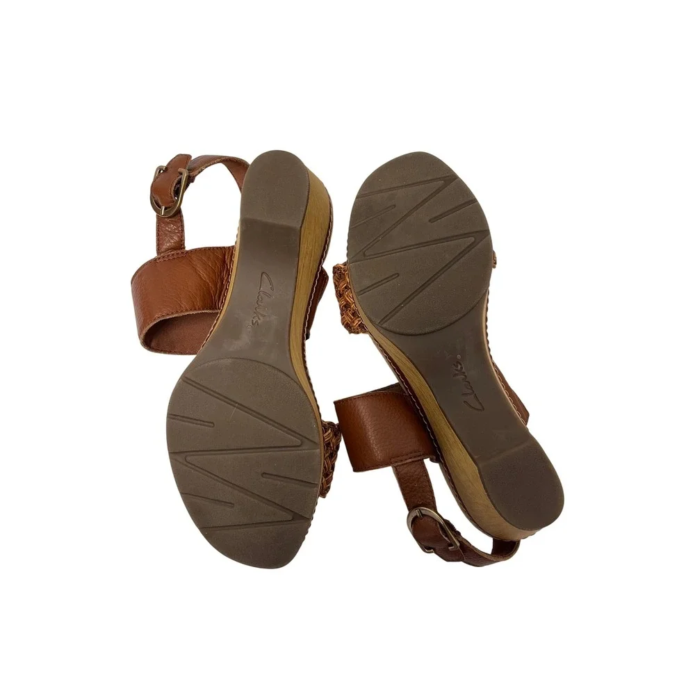 Clarks Wedge Sandals 8.5W Brown Leather Woven Ultimate Comfort Boho Platform